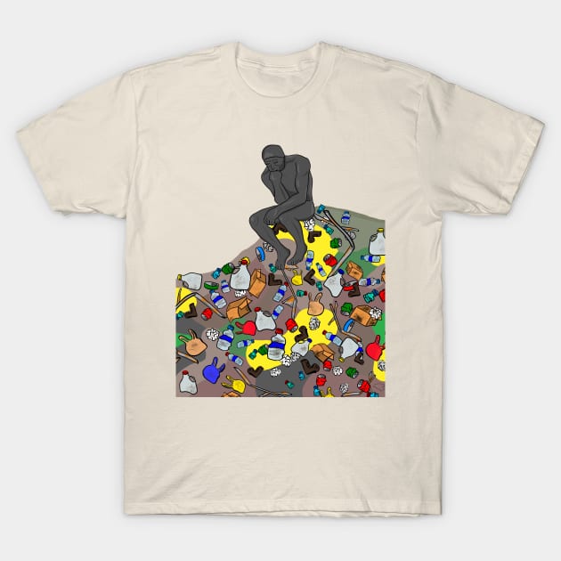 The Thinker on a Mountain of Landfill T-Shirt by AmandaWangCo